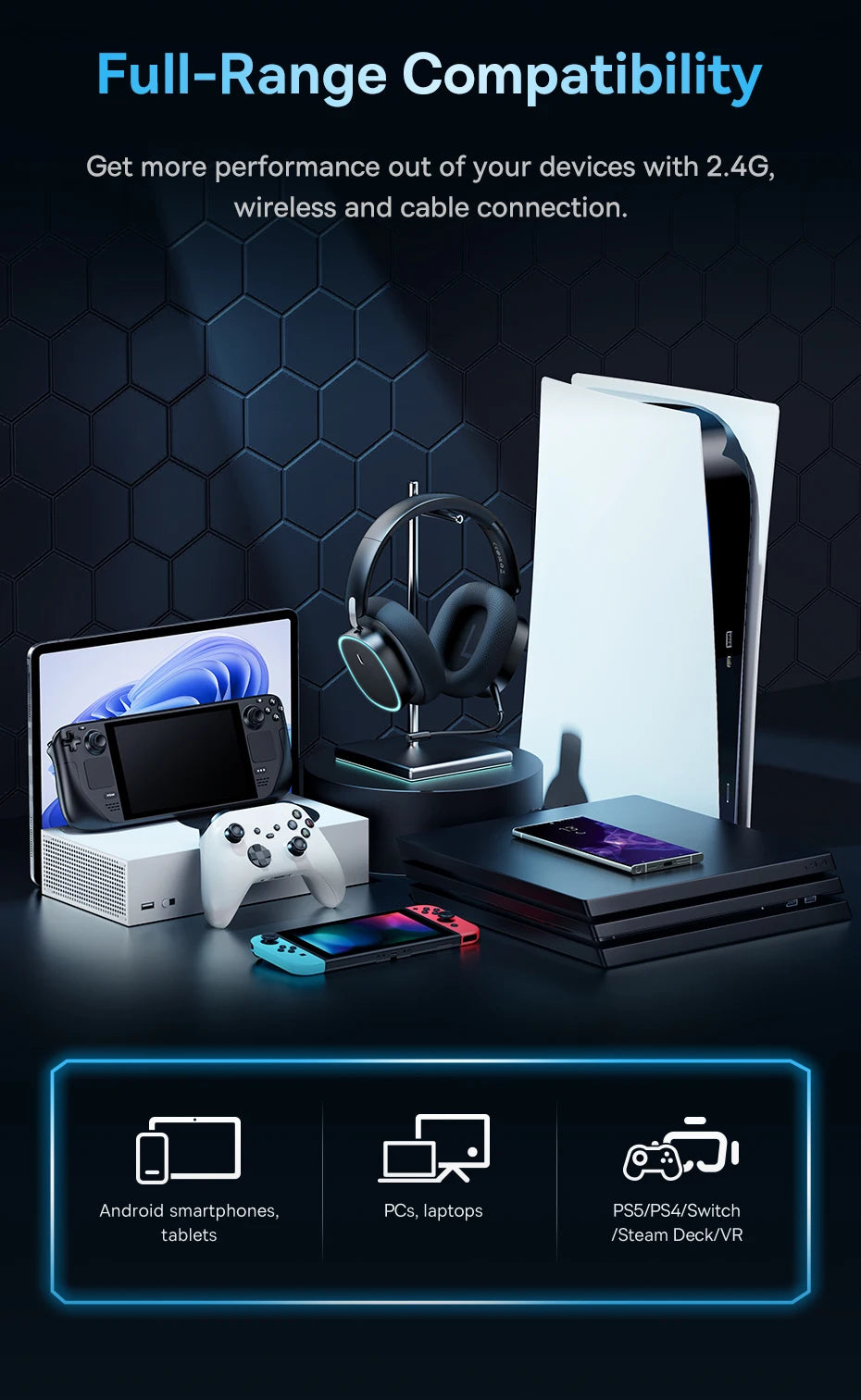 Baseus AeQur GH02 Gaming Wireless Headphones - Triple Mode 2.4G/Bluetooth 5.3/Wired, 40H Playtime, Chatmix, 4-Speaker Driver, App Control