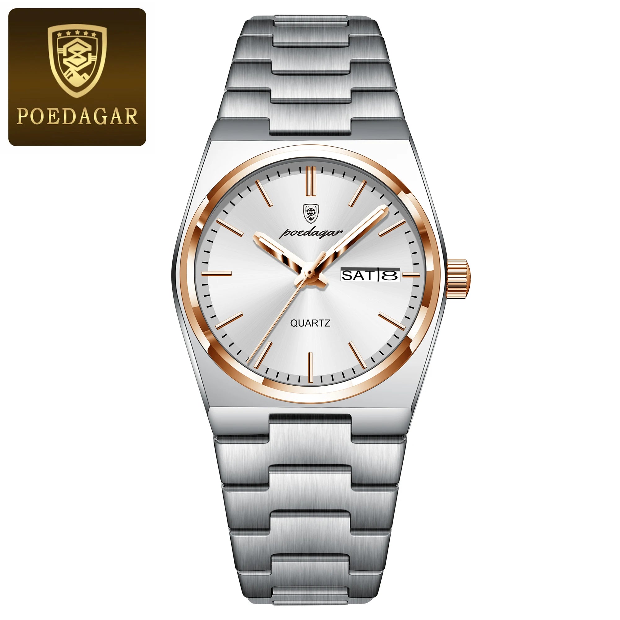 POEDAGAR Women's Watch with Date & Week Display - Waterproof Stainless Steel Luminous Dress Watch, Elegant Business Quartz Watch