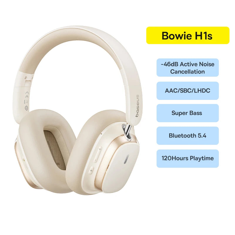 Baseus Bowie H1s Wireless Headphones - Bluetooth 5.4 with 46dB Hybrid ANC, 120H Playtime, Hi-Res Spatial Audio, 0.06s Low Latency, Foldable Over-Ear Headset