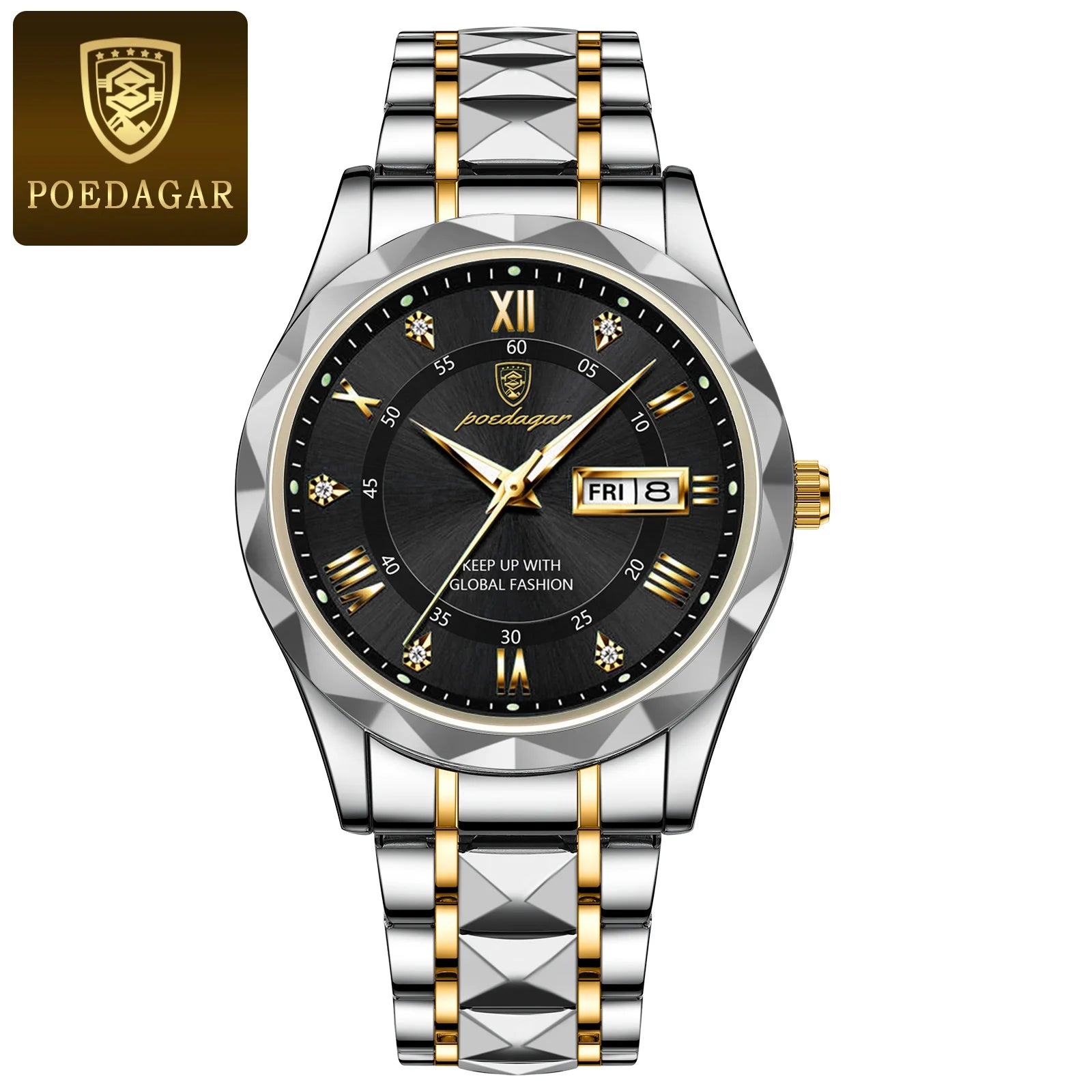 POEDAGAR Luxury Men's Business Watch - Stainless Steel Waterproof with Date & Week Display, Luminous Hands, Roman Numeral Dial