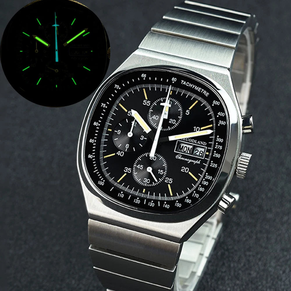 Hruodland F022 Retro Chronograph Watch for Men - Sapphire Crystal Glass, Stainless Steel, Blue Sunray Dial, Japanese Quartz Movement