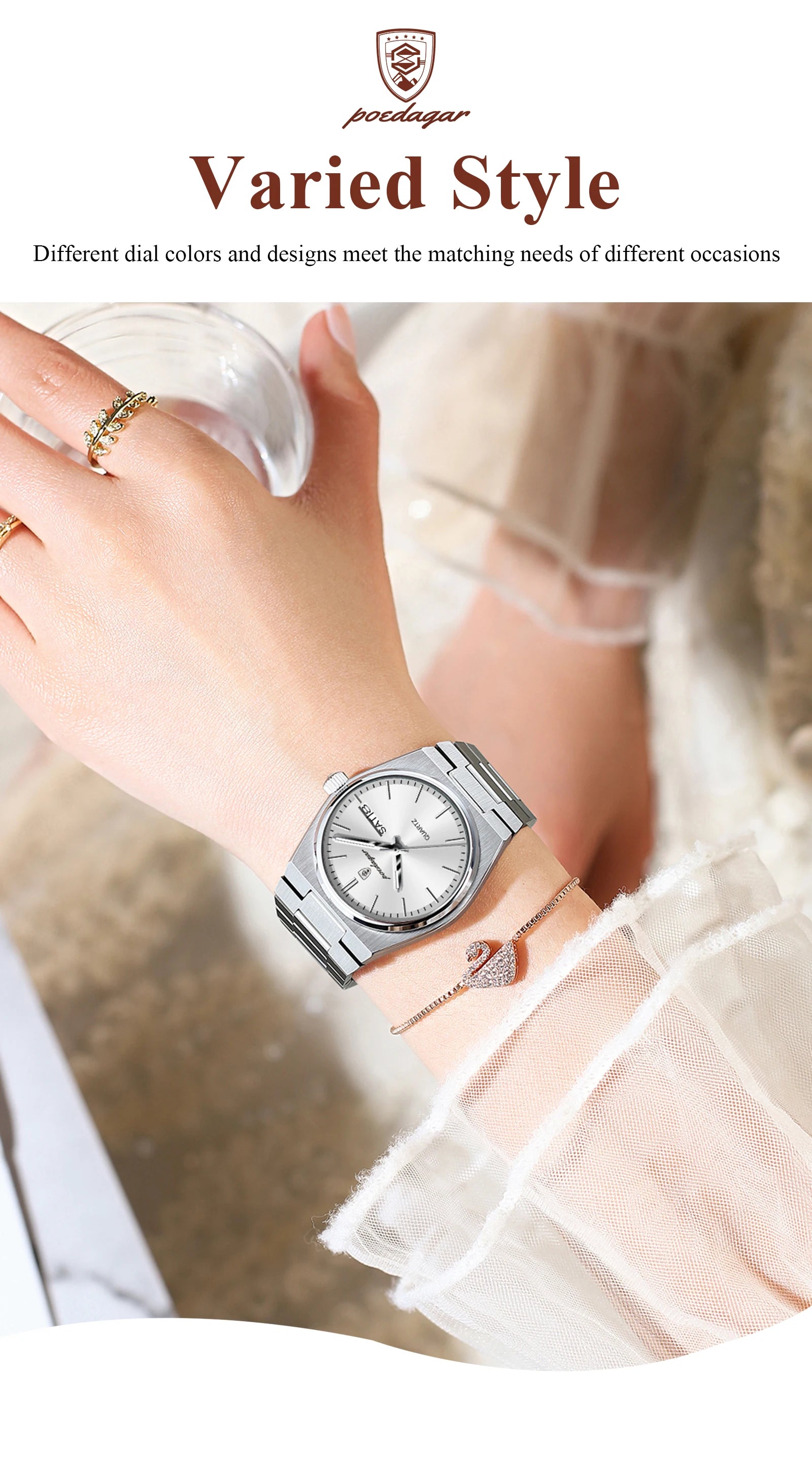 POEDAGAR Women's Watch with Date & Week Display - Waterproof Stainless Steel Luminous Dress Watch, Elegant Business Quartz Watch