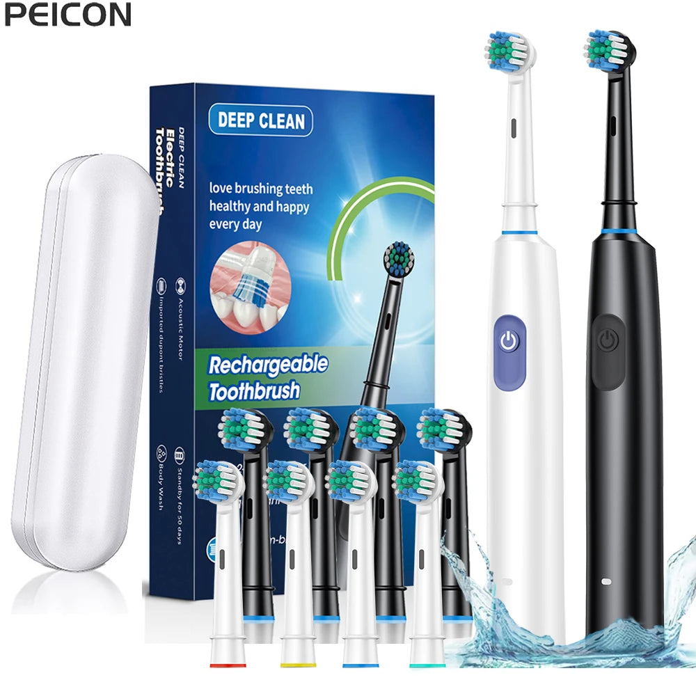 PeiKein Rechargeable Electric Toothbrush for Adults - 5 Mode Rotary Toothbrush with 8 Replacement Brush Heads, 30-Day Battery Life, IP67 Waterproof, 2-Minute Smart Timer