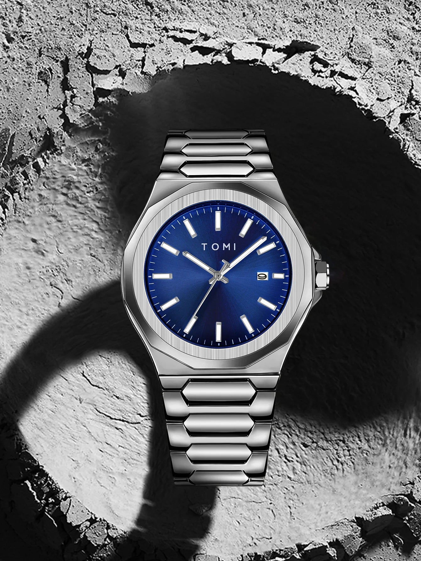 TOMI Luxury Men's Watch Gift Set - Rose Gold Case & Stainless Steel Bracelet, Business Quartz Watch with Complete Calendar, Ring & Brooch