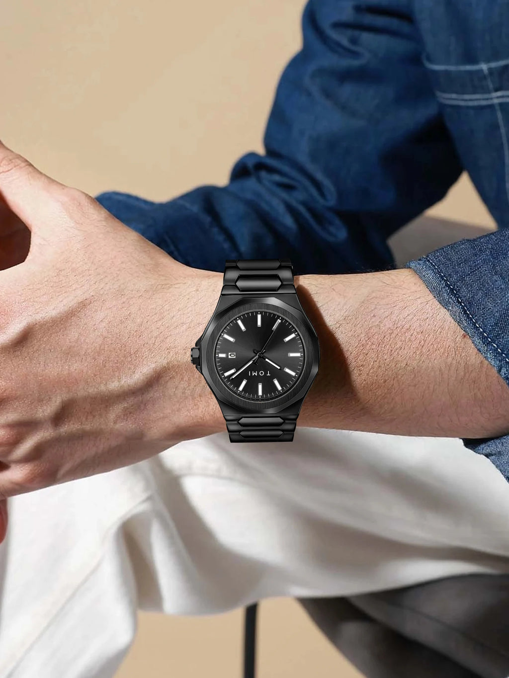 TOMI Luxury Men's Watch Gift Set - Rose Gold Case & Stainless Steel Bracelet, Business Quartz Watch with Complete Calendar, Ring & Brooch