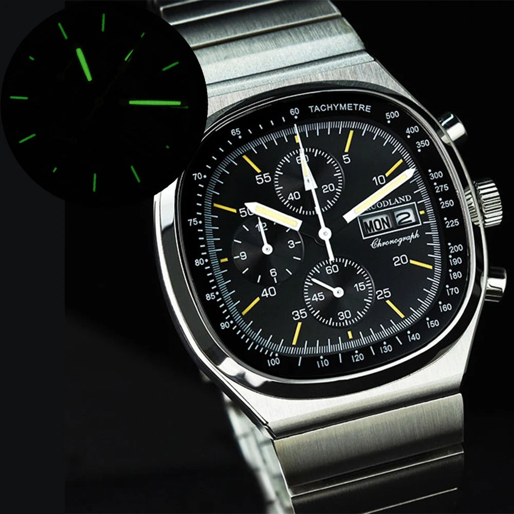 Hruodland F022 Retro Chronograph Watch for Men - Sapphire Crystal Glass, Stainless Steel, Blue Sunray Dial, Japanese Quartz Movement