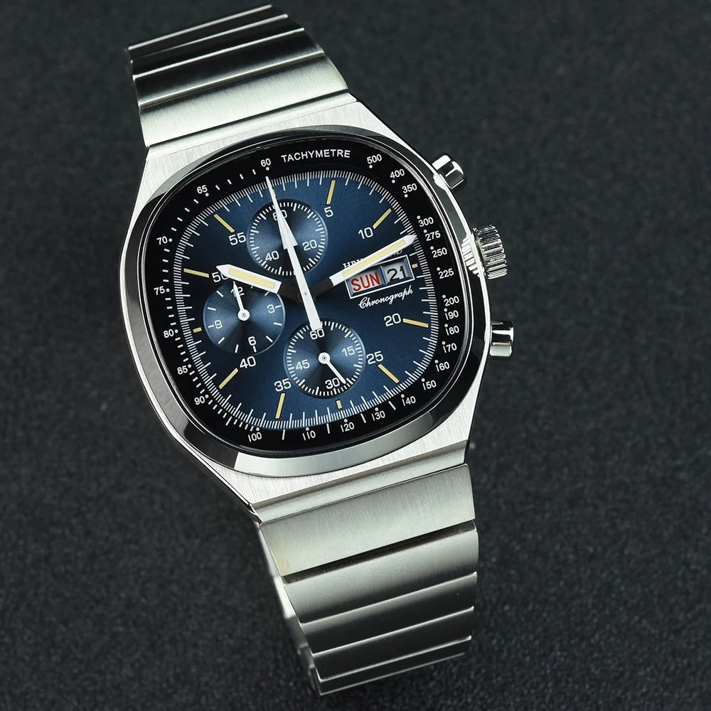 Hruodland F022 Retro Chronograph Watch for Men - Sapphire Crystal Glass, Stainless Steel, Blue Sunray Dial, Japanese Quartz Movement