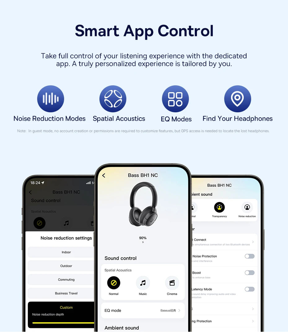Baseus Bowie H1s Wireless Headphones - Bluetooth 5.4 with 46dB Hybrid ANC, 120H Playtime, Hi-Res Spatial Audio, 0.06s Low Latency, Foldable Over-Ear Headset