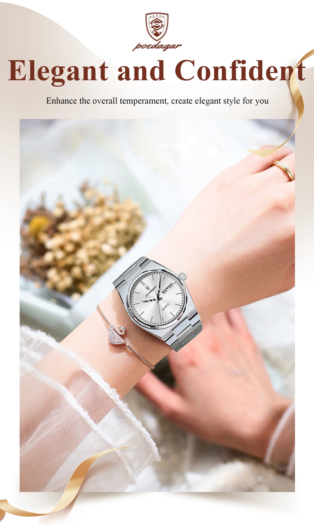 POEDAGAR Women's Watch with Date & Week Display - Waterproof Stainless Steel Luminous Dress Watch, Elegant Business Quartz Watch