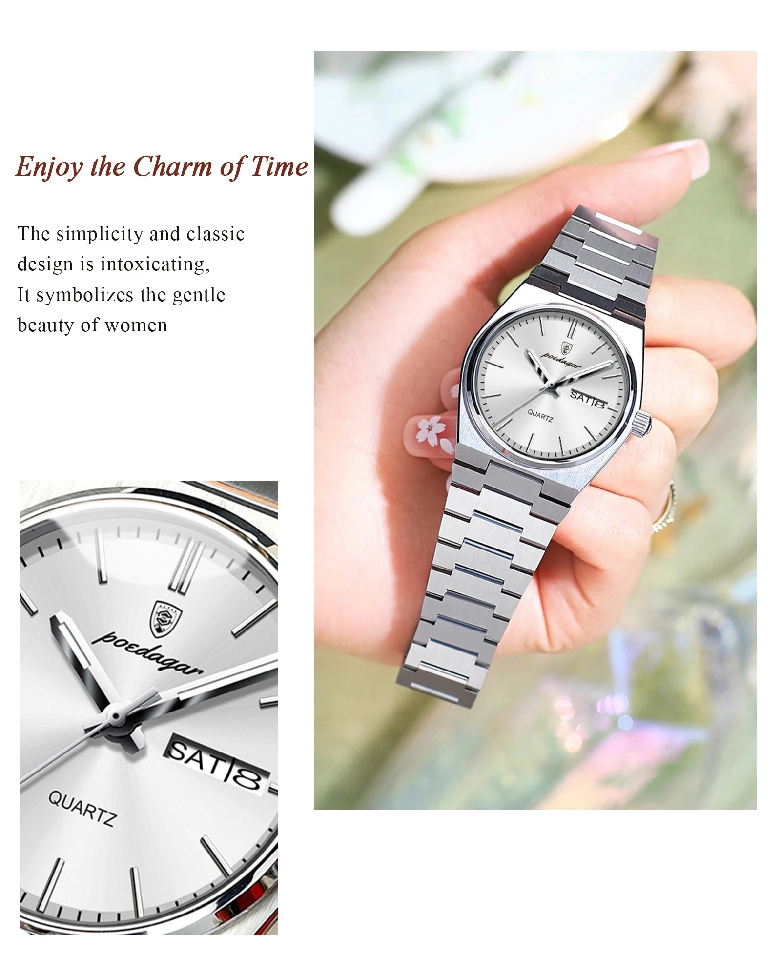 POEDAGAR Women's Watch with Date & Week Display - Waterproof Stainless Steel Luminous Dress Watch, Elegant Business Quartz Watch