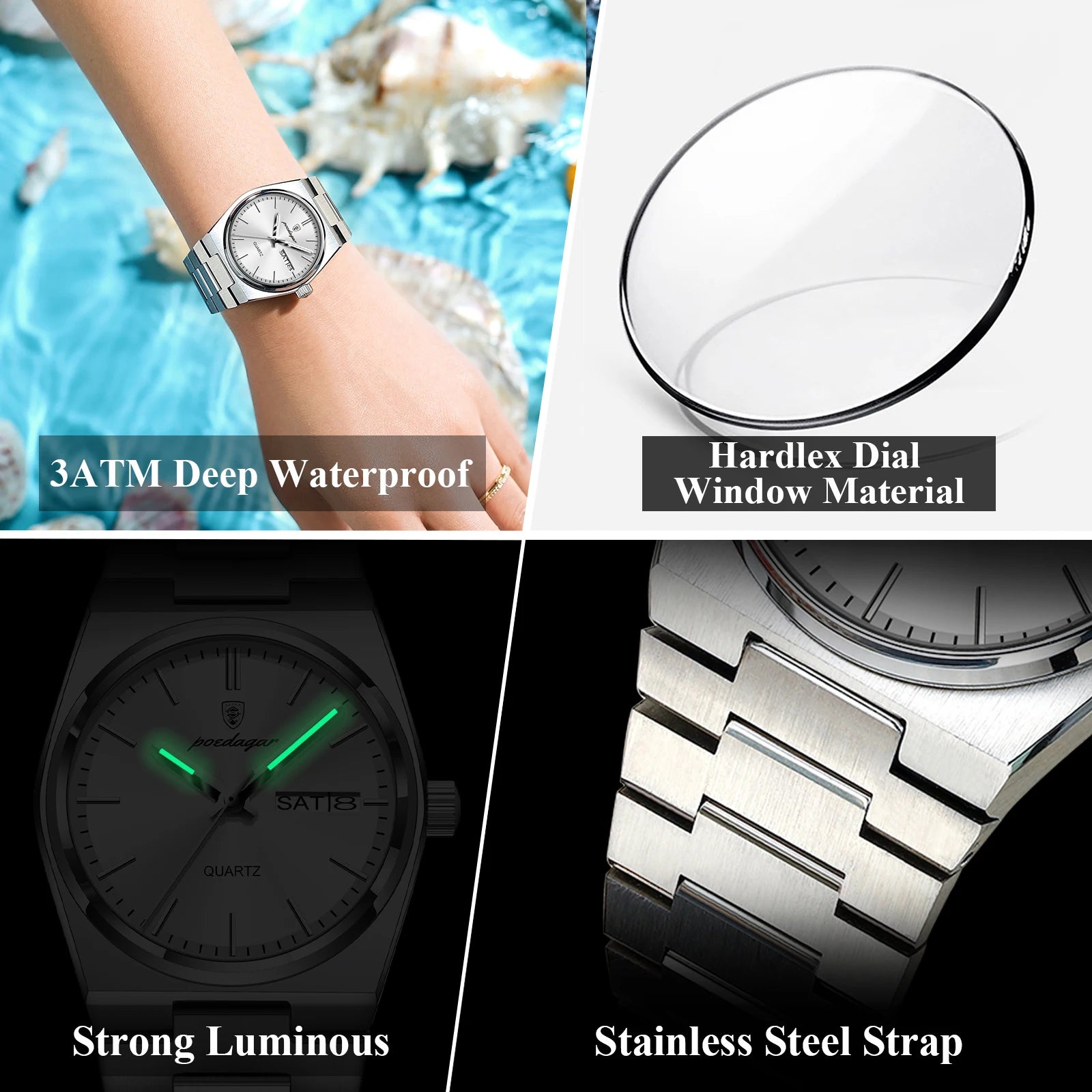 POEDAGAR Women's Watch with Date & Week Display - Waterproof Stainless Steel Luminous Dress Watch, Elegant Business Quartz Watch