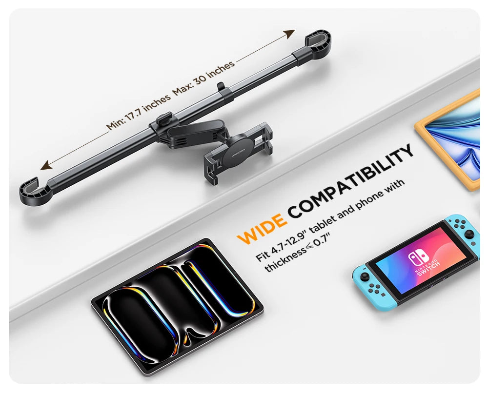Joyroom Car Tablet Holder with Extension Arm - Adjustable Headrest Mount for Back Seat, Fits iPad Pro 13", Galaxy Tab, 4.7-13" Devices