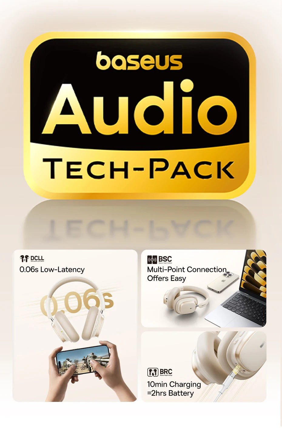 Baseus Bowie H1s Wireless Headphones - Bluetooth 5.4 with 46dB Hybrid ANC, 120H Playtime, Hi-Res Spatial Audio, 0.06s Low Latency, Foldable Over-Ear Headset