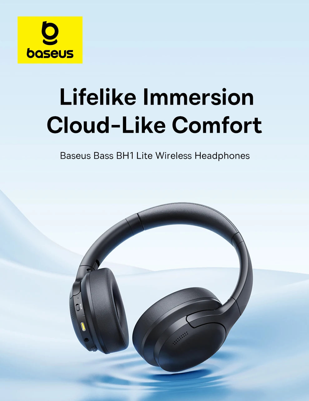 Baseus BH1 Lite Wireless Headphones - Bluetooth 6.0, 80H Playtime, Super Bass, ENC Clear Call, Lightweight Over-Ear Headset with Dual Connect
