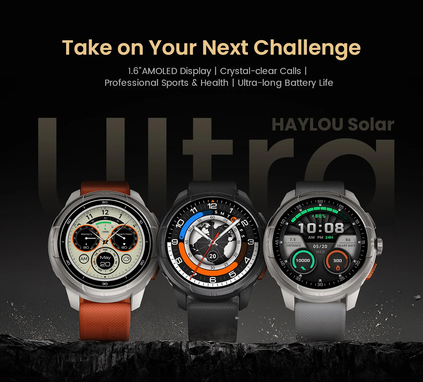 HAYLOU Solar Ultra GPS Smartwatch - 1.6" AMOLED, Built-in GPS, 5ATM Waterproof, Bluetooth Calling, 170+ Sports Modes, 22-Day Battery