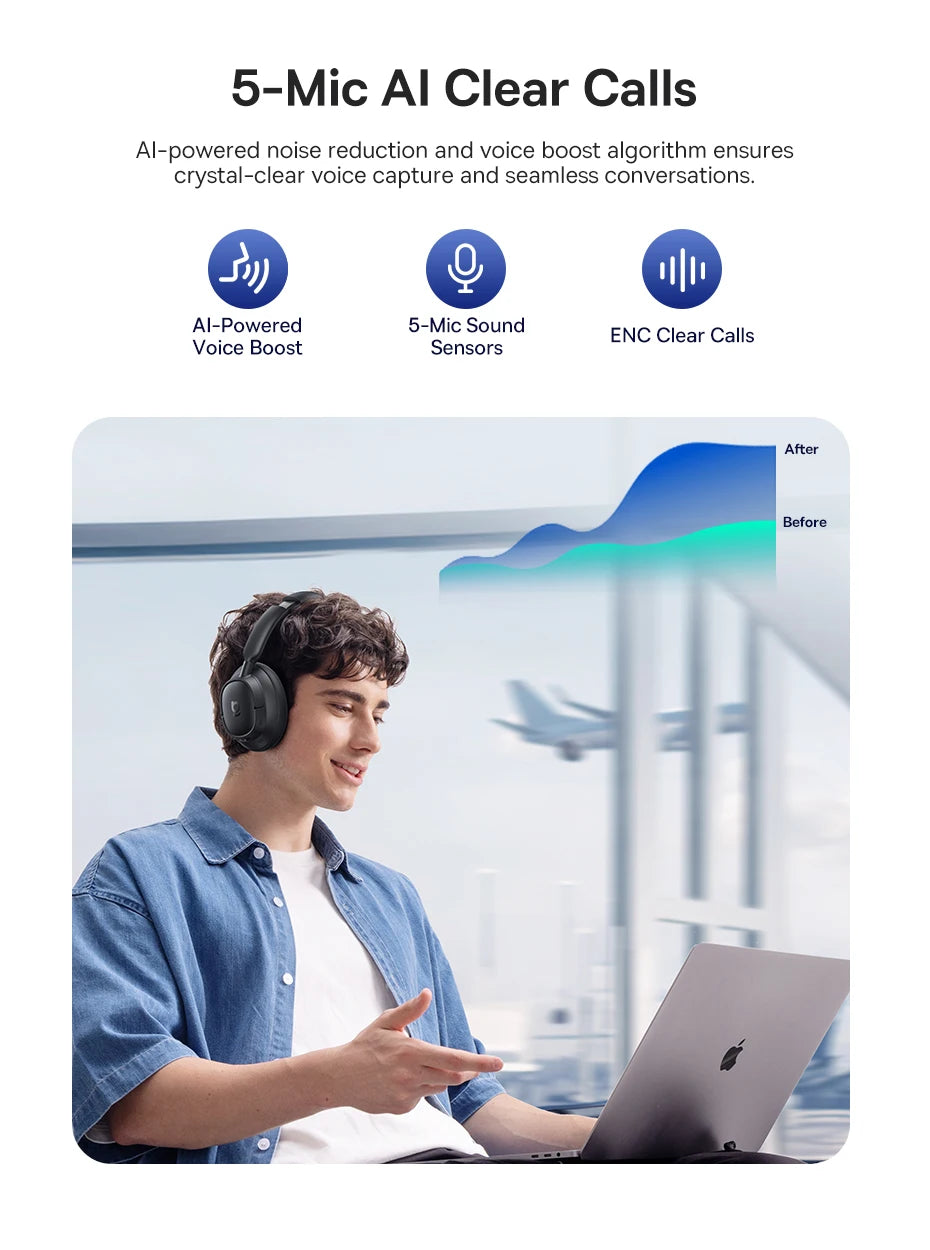 Baseus Bowie H1s Wireless Headphones - Bluetooth 5.4 with 46dB Hybrid ANC, 120H Playtime, Hi-Res Spatial Audio, 0.06s Low Latency, Foldable Over-Ear Headset