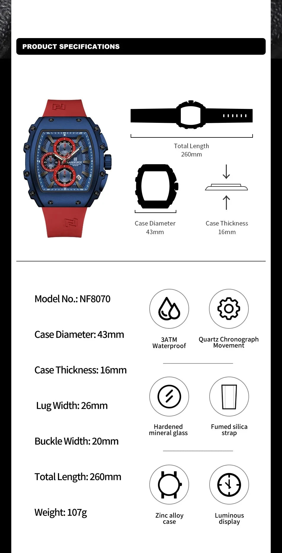 NAVIFORCE 8070 Men's Chronograph Watch - Waterproof Sport Watch with Luminous Hands, Silicone Strap, Calendar, Luxury Fashion Wristwatch