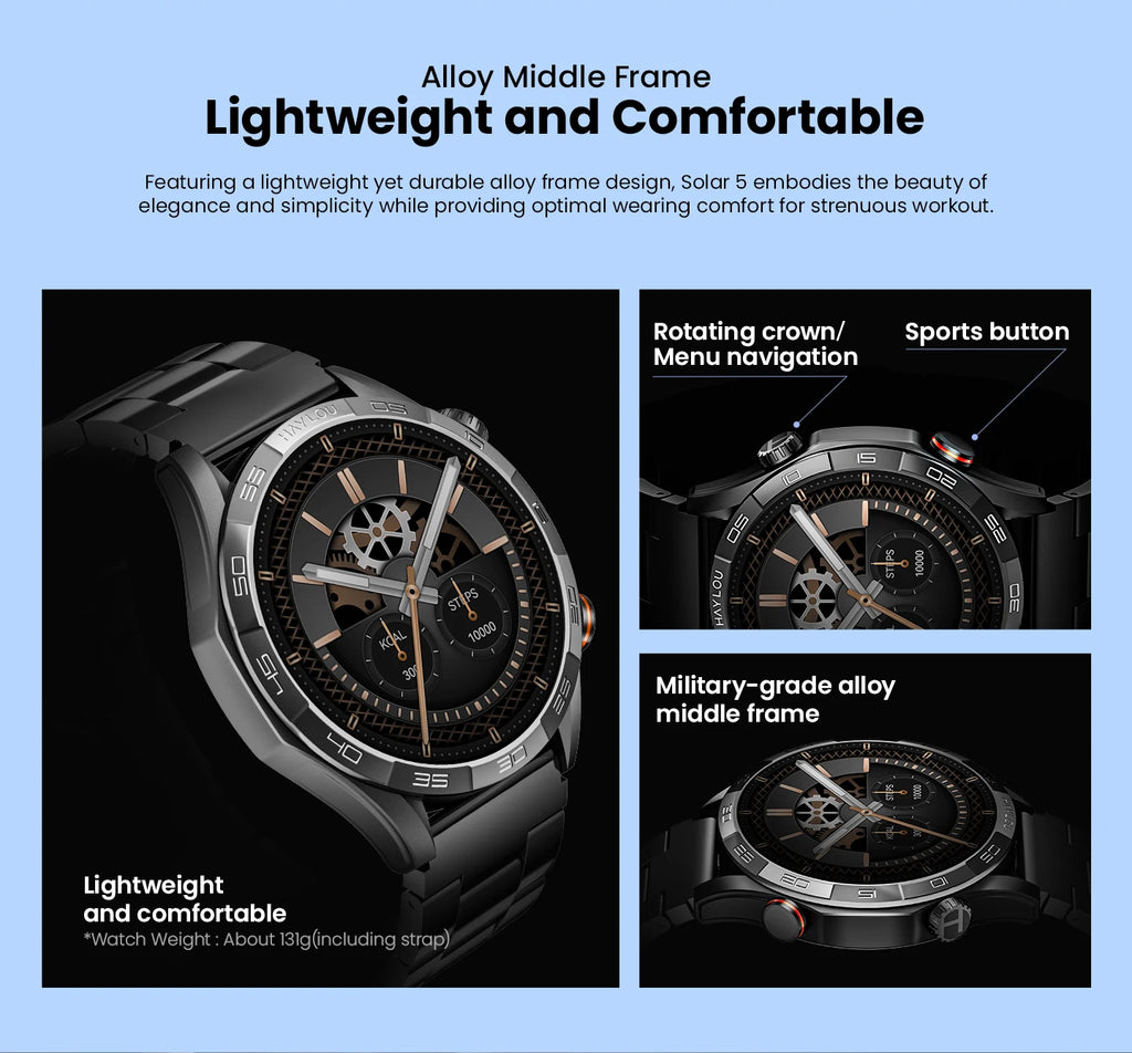 HAYLOU Solar 5 Smart Watch with Bluetooth Calling - 1.58" AMOLED 60Hz Display, 40-Day Battery, 100+ Sports Modes, 24/7 Health Monitor, IP68 Waterproof