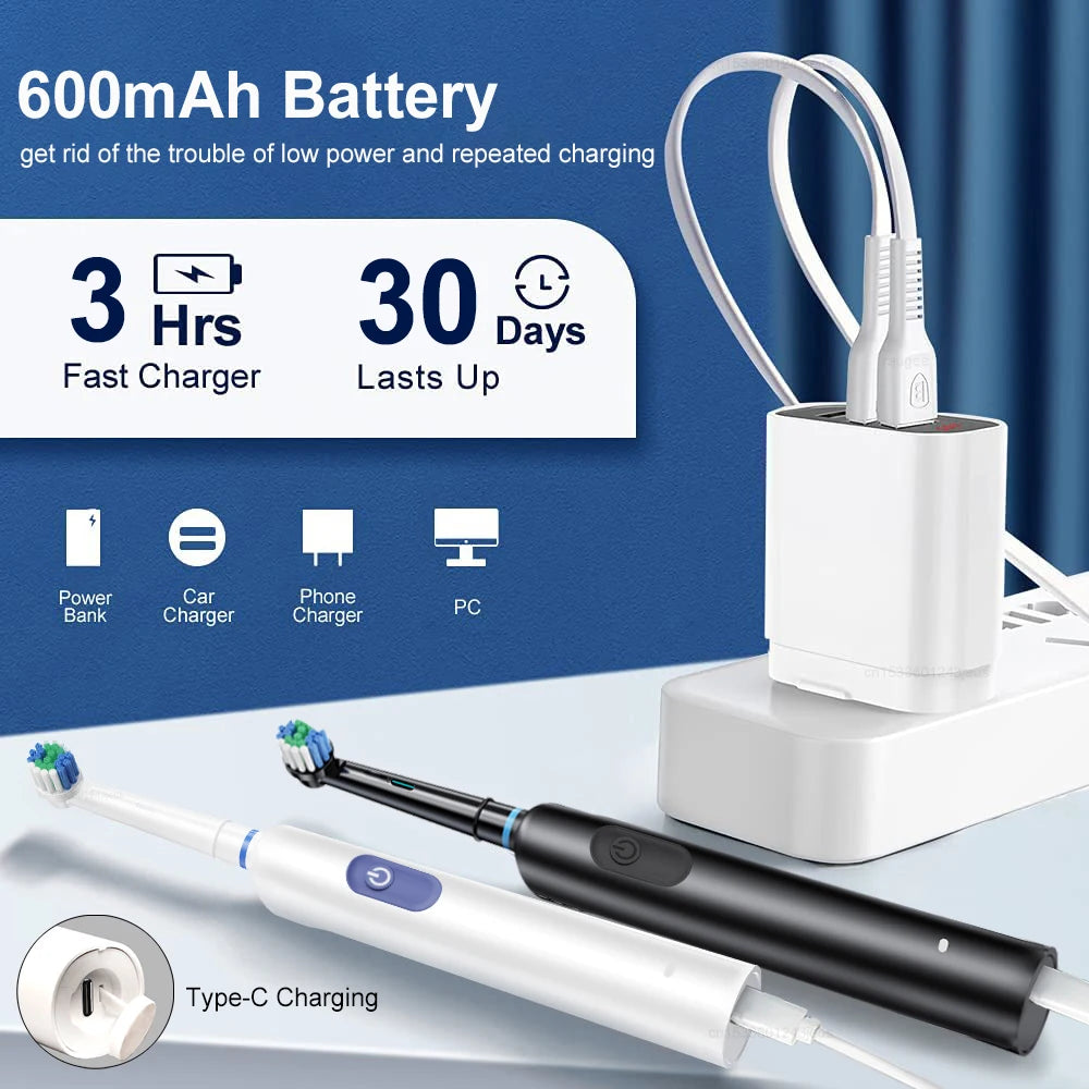 PeiKein Rechargeable Electric Toothbrush for Adults - 5 Mode Rotary Toothbrush with 8 Replacement Brush Heads, 30-Day Battery Life, IP67 Waterproof, 2-Minute Smart Timer
