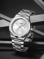 TOMI Luxury Men's Watch Gift Set - Rose Gold Case & Stainless Steel Bracelet, Business Quartz Watch with Complete Calendar, Ring & Brooch