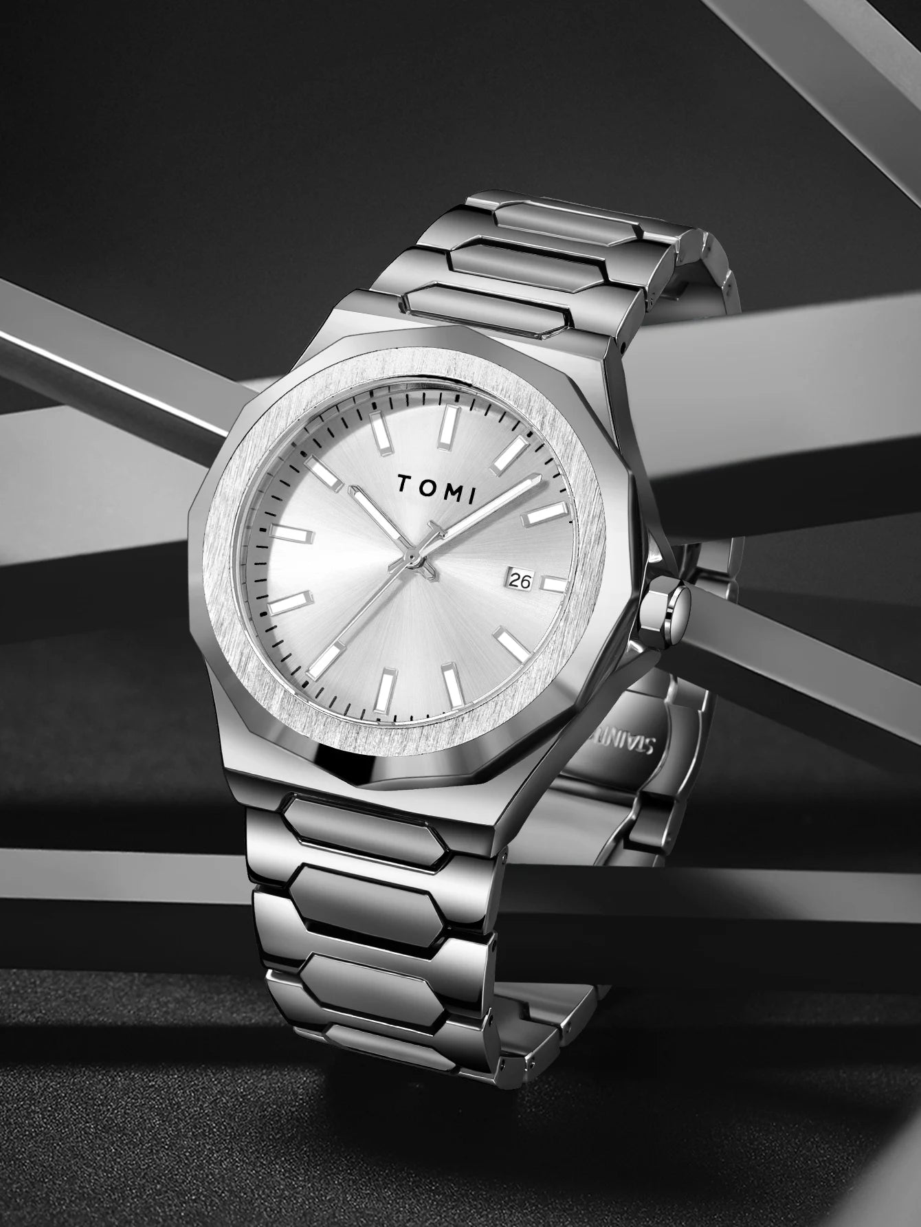 TOMI Luxury Men's Watch Gift Set - Rose Gold Case & Stainless Steel Bracelet, Business Quartz Watch with Complete Calendar, Ring & Brooch