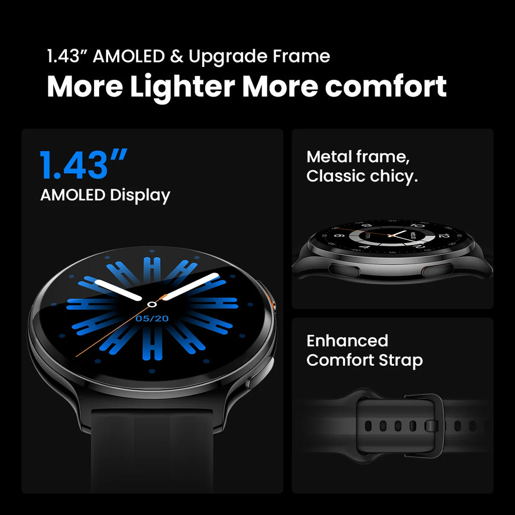 HAYLOU Solar Lite 2 Smartwatch - 1.43" AMOLED 60Hz, Bluetooth 5.4 Calling, 17-Day Battery, 150+ Sports Modes, 24/7 Health Monitor