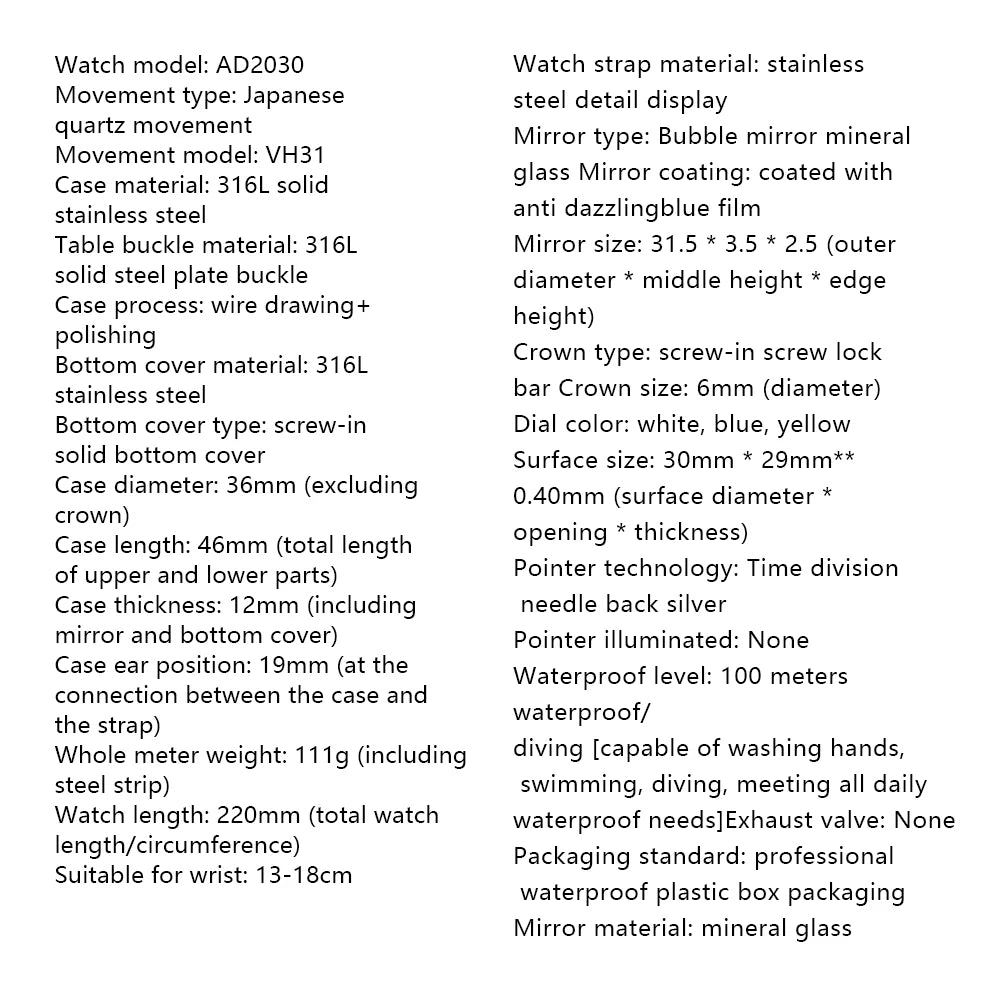 ADDIESDIVE AD2030 Men's Quartz Watch - 36mm 316L Stainless Steel, 100M Waterproof, Sand Dial, AR Coated Dome Glass, Dive-Style Watch