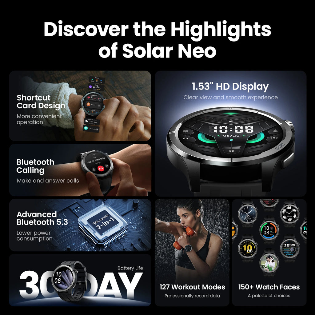 HAYLOU Solar Neo Smart Watch - Bluetooth Calling, 30-Day Battery, IP68 Waterproof, 127 Sports Modes, 24/7 Health Monitor, 1.53" HD Display