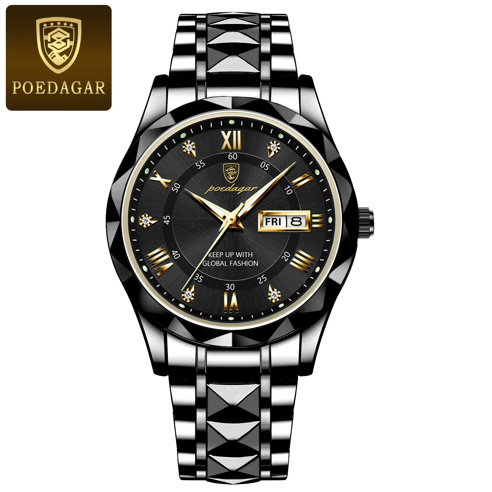 POEDAGAR Luxury Men's Business Watch - Stainless Steel Waterproof with Date & Week Display, Luminous Hands, Roman Numeral Dial