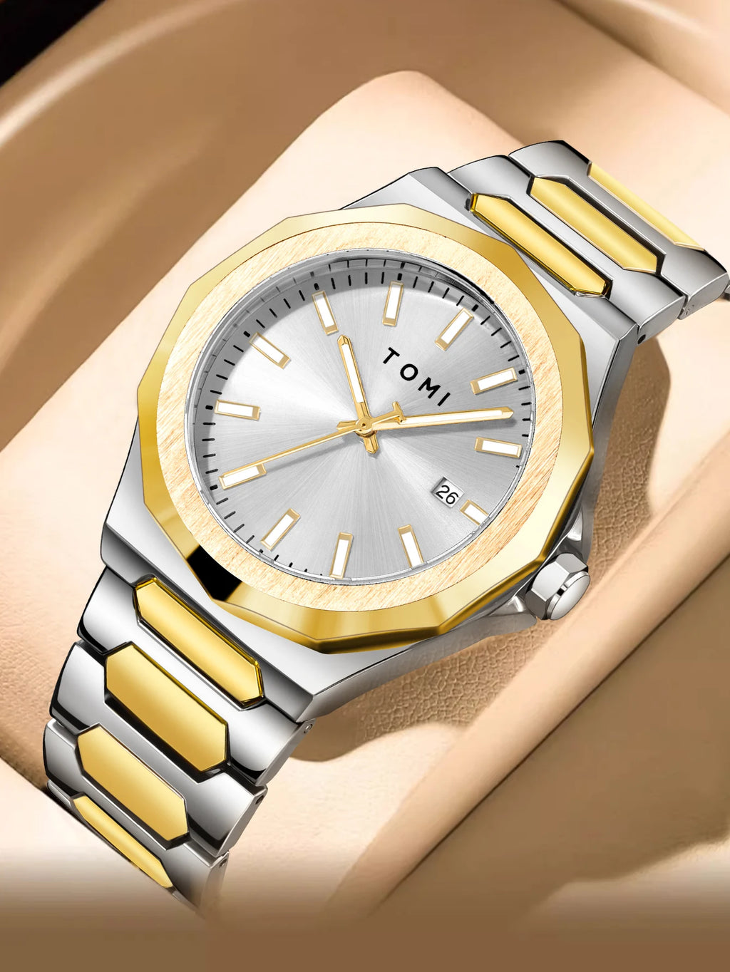 TOMI Luxury Men's Watch Gift Set - Rose Gold Case & Stainless Steel Bracelet, Business Quartz Watch with Complete Calendar, Ring & Brooch