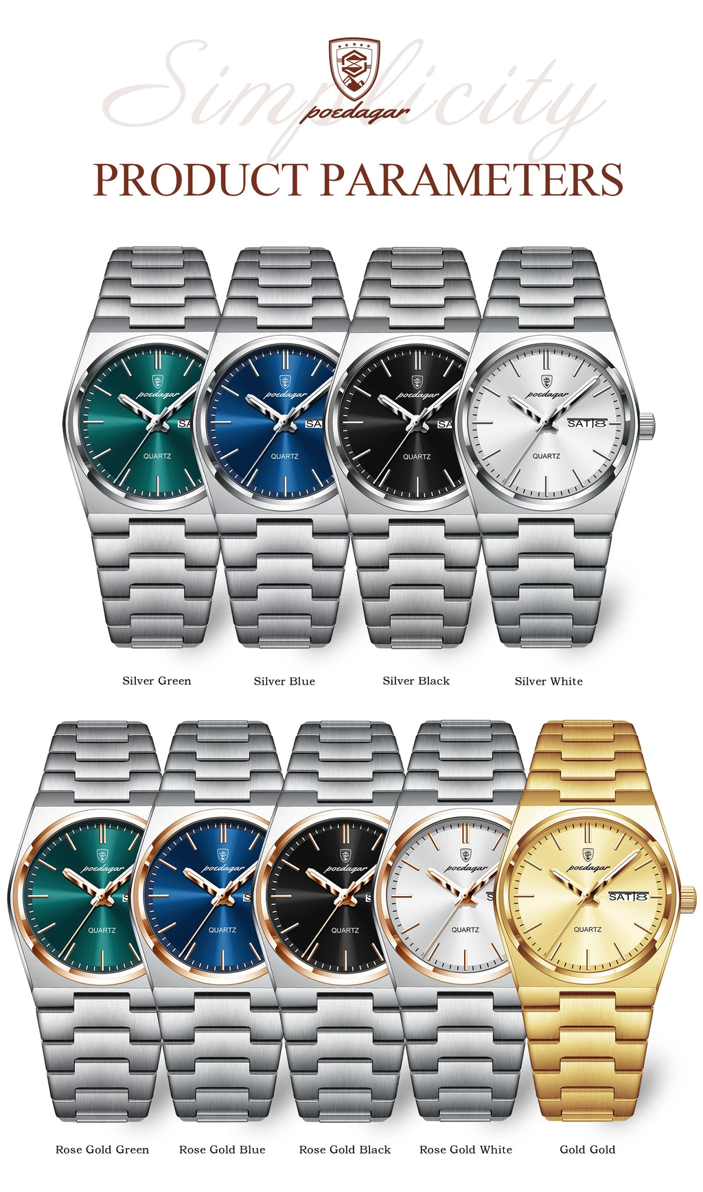 POEDAGAR Women's Watch with Date & Week Display - Waterproof Stainless Steel Luminous Dress Watch, Elegant Business Quartz Watch