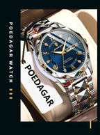 POEDAGAR Luxury Men's Business Watch - Stainless Steel Waterproof with Date & Week Display, Luminous Hands, Roman Numeral Dial