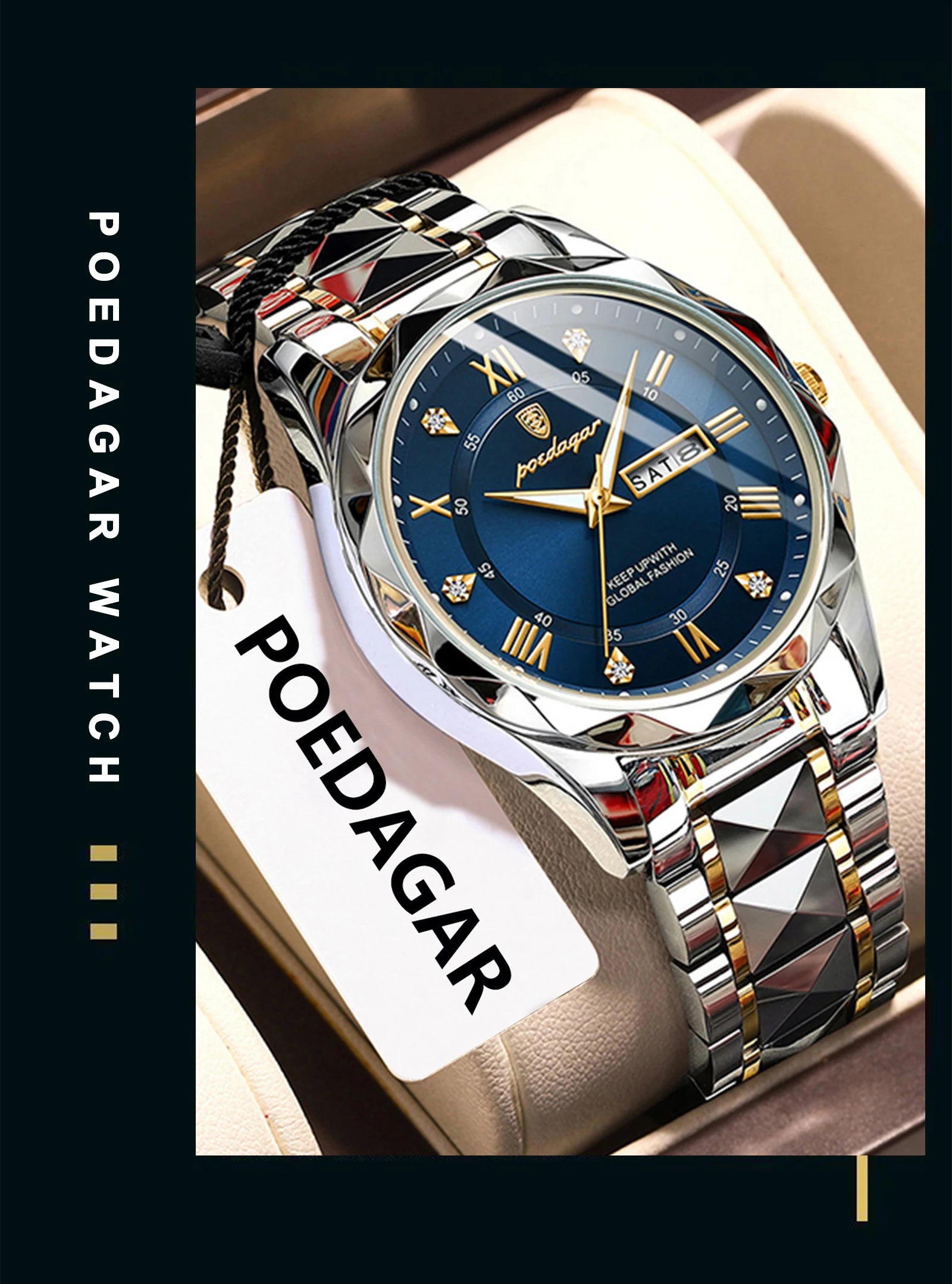 POEDAGAR Luxury Men's Business Watch - Stainless Steel Waterproof with Date & Week Display, Luminous Hands, Roman Numeral Dial