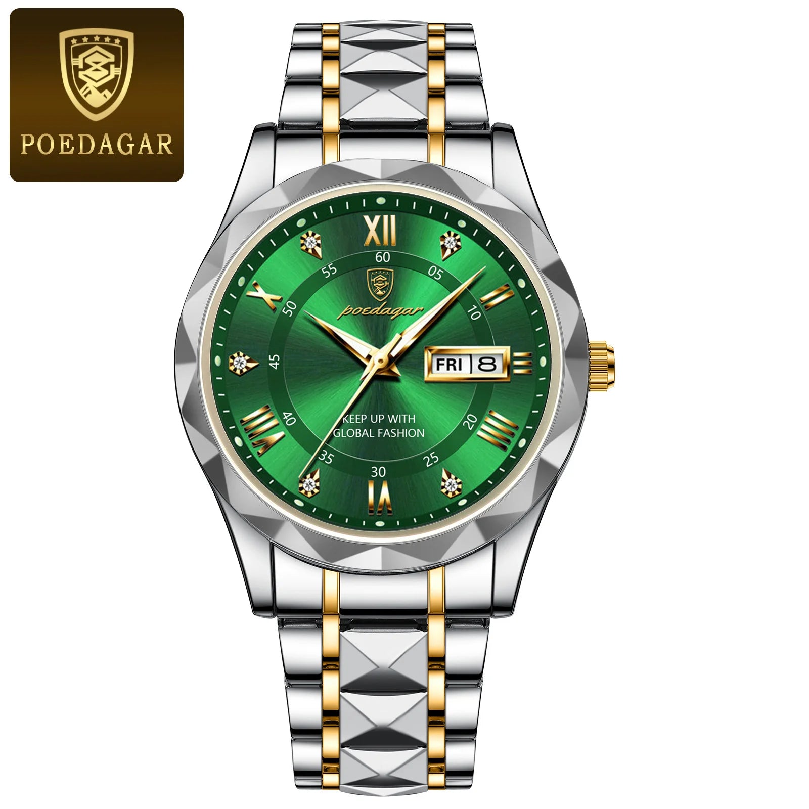 POEDAGAR Luxury Men's Business Watch - Stainless Steel Waterproof with Date & Week Display, Luminous Hands, Roman Numeral Dial