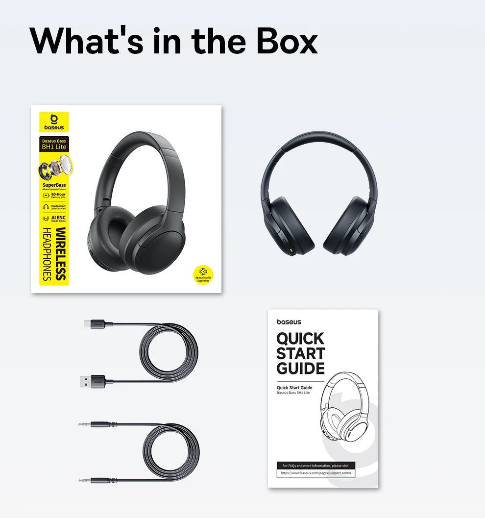 Baseus BH1 Lite Wireless Headphones - Bluetooth 6.0, 80H Playtime, Super Bass, ENC Clear Call, Lightweight Over-Ear Headset with Dual Connect
