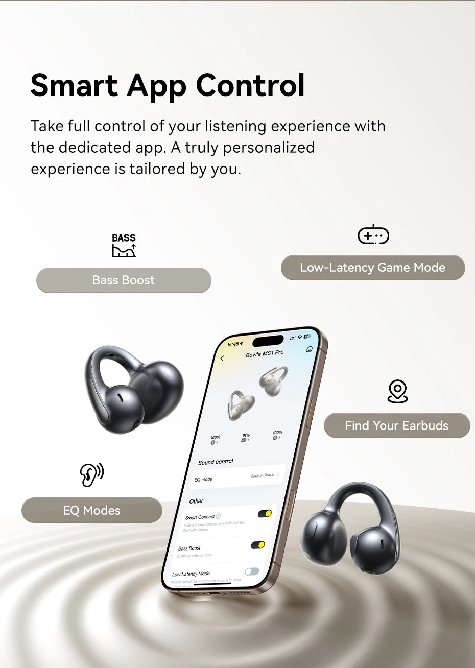 Baseus Bowie MC1 Pro Open-Ear Clip Earbuds - Bluetooth Wireless Earphones, Hi-Res Audio, 4-Mic ENC Calls, 40H Playtime, IP67 Waterproof, Ultra-Light Comfort Fit