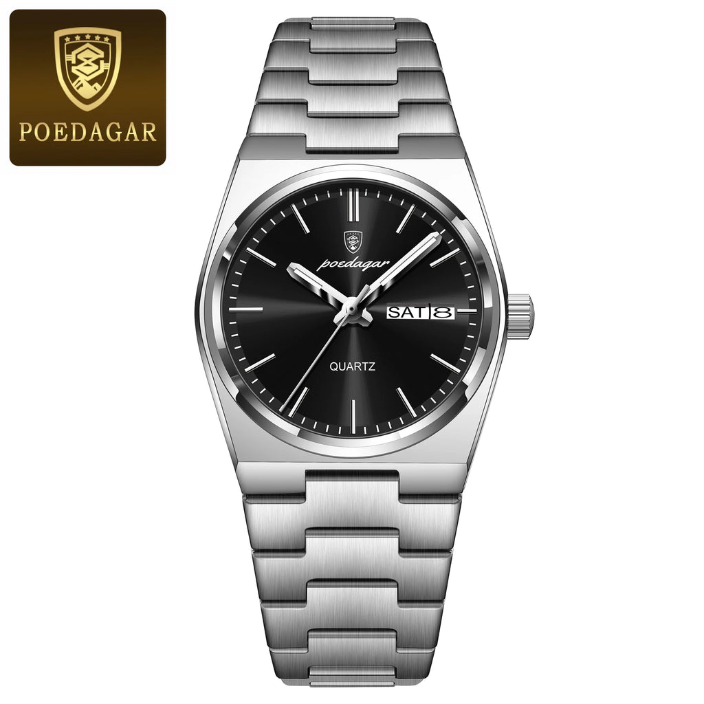 POEDAGAR Women's Watch with Date & Week Display - Waterproof Stainless Steel Luminous Dress Watch, Elegant Business Quartz Watch