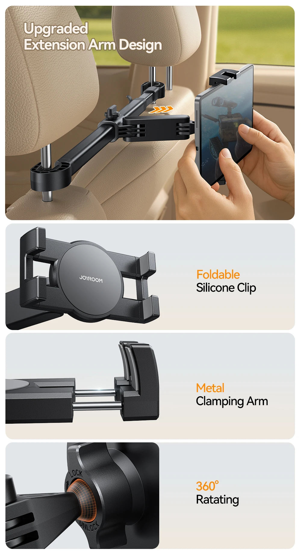 Joyroom Car Tablet Holder with Extension Arm - Adjustable Headrest Mount for Back Seat, Fits iPad Pro 13", Galaxy Tab, 4.7-13" Devices