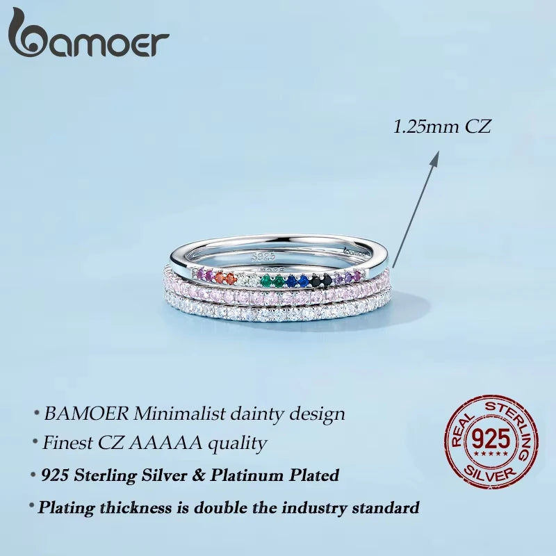 BAMOER 925 Sterling Silver Full Paved Simulated Diamond Stackable Ring, Women's Gold Plated Engagement Eternity Band with Colored CZ