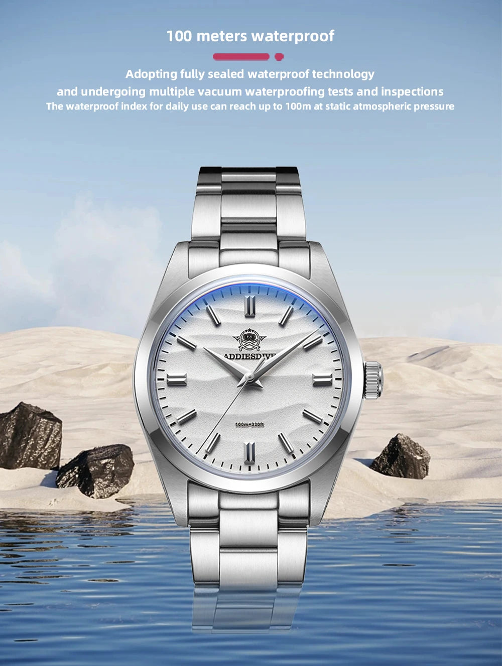 ADDIESDIVE AD2030 Men's Quartz Watch - 36mm 316L Stainless Steel, 100M Waterproof, Sand Dial, AR Coated Dome Glass, Dive-Style Watch