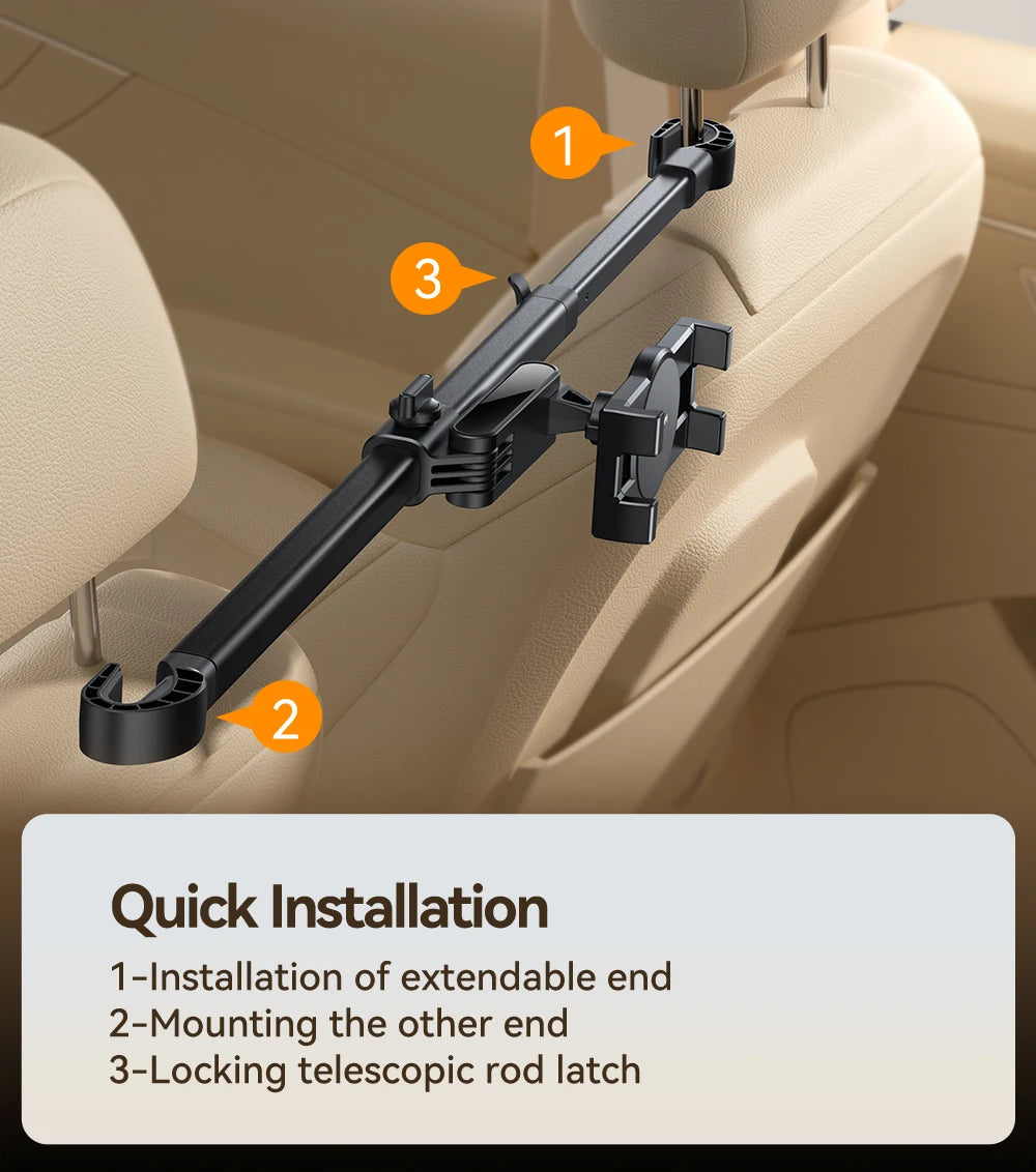 Joyroom Car Tablet Holder with Extension Arm - Adjustable Headrest Mount for Back Seat, Fits iPad Pro 13", Galaxy Tab, 4.7-13" Devices