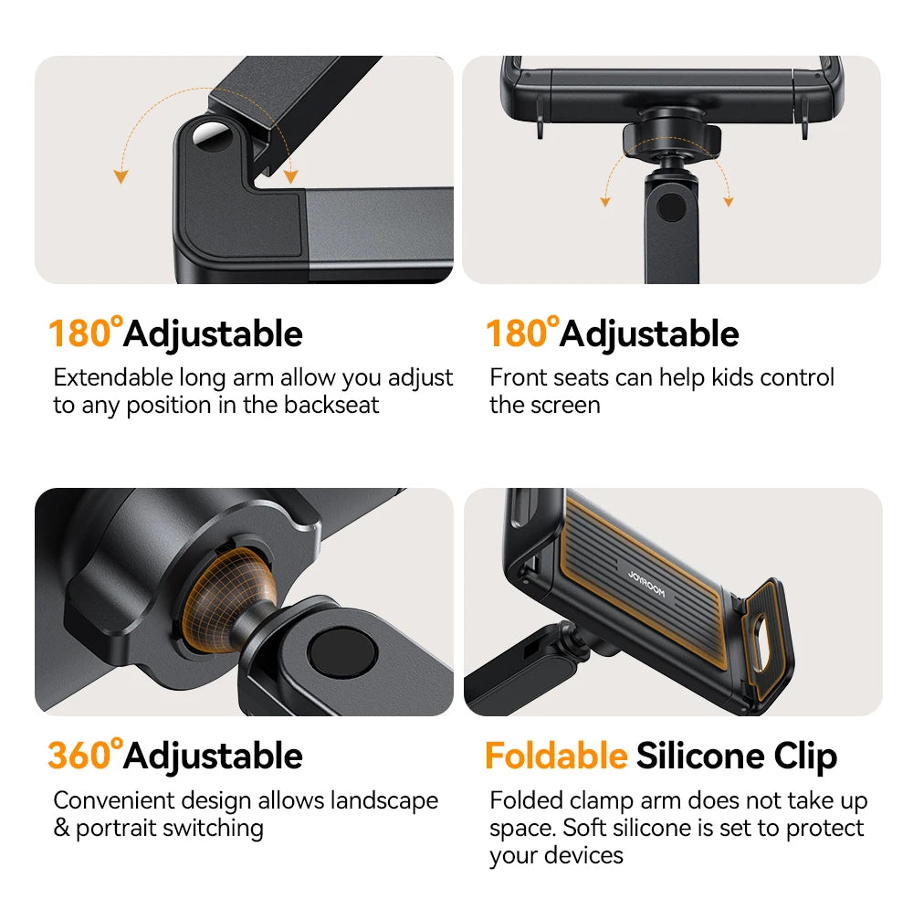 Joyroom Car Headrest Tablet Holder - Adjustable 3-in-1 Backseat Mount for iPad, Phones & Tablets 4.7"-12.9", Foldable & Stable
