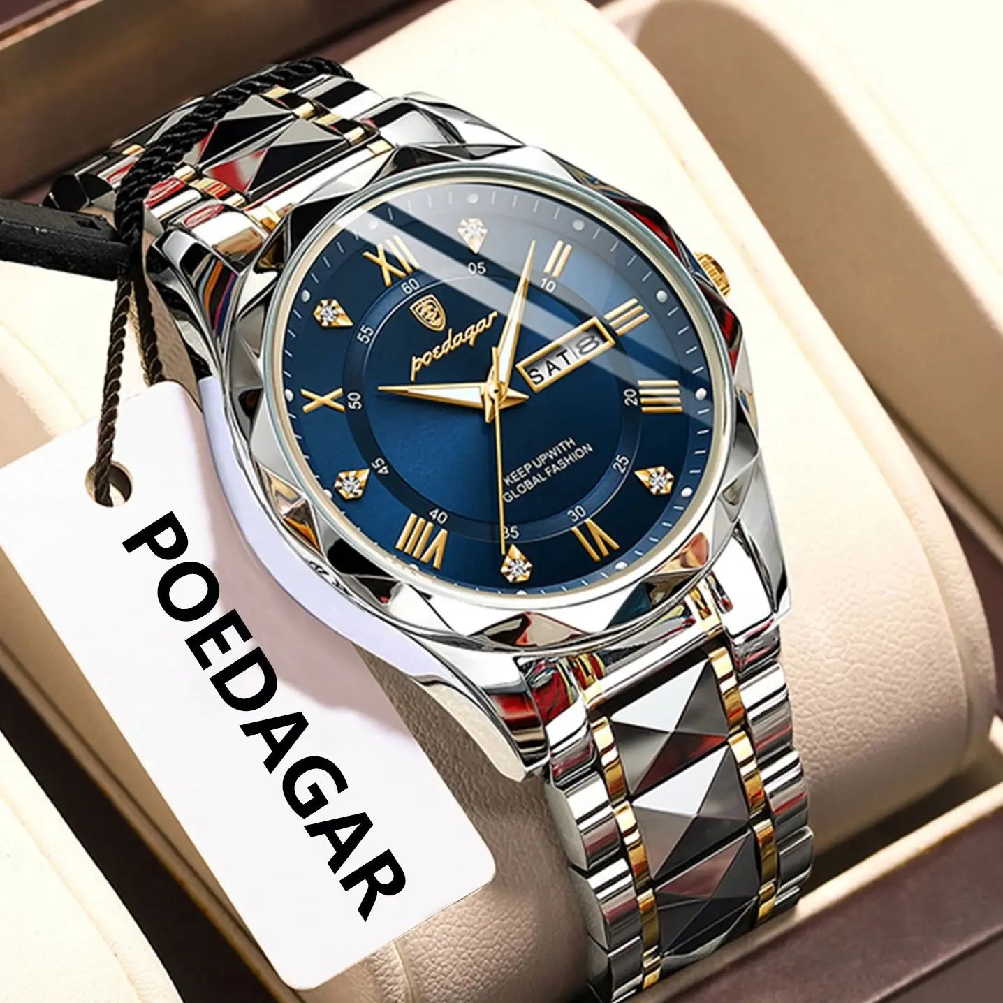 POEDAGAR Luxury Men's Business Watch - Stainless Steel Waterproof with Date & Week Display, Luminous Hands, Roman Numeral Dial