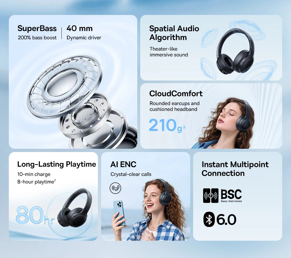 Baseus BH1 Lite Wireless Headphones - Bluetooth 6.0, 80H Playtime, Super Bass, ENC Clear Call, Lightweight Over-Ear Headset with Dual Connect
