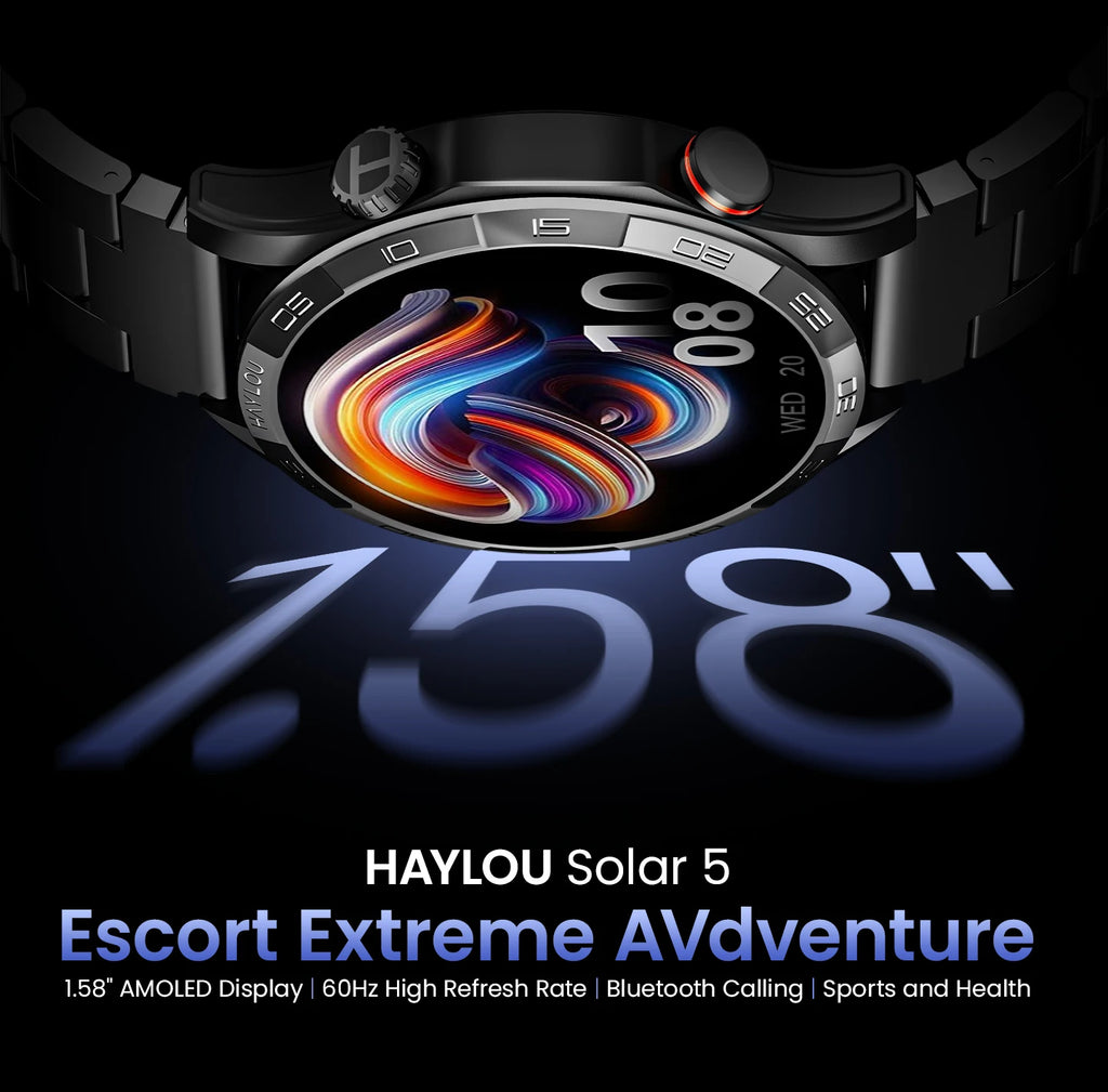 HAYLOU Solar 5 Smart Watch with Bluetooth Calling - 1.58" AMOLED 60Hz Display, 40-Day Battery, 100+ Sports Modes, 24/7 Health Monitor, IP68 Waterproof