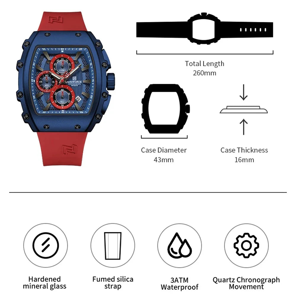 NAVIFORCE 8070 Men's Chronograph Watch - Waterproof Sport Watch with Luminous Hands, Silicone Strap, Calendar, Luxury Fashion Wristwatch