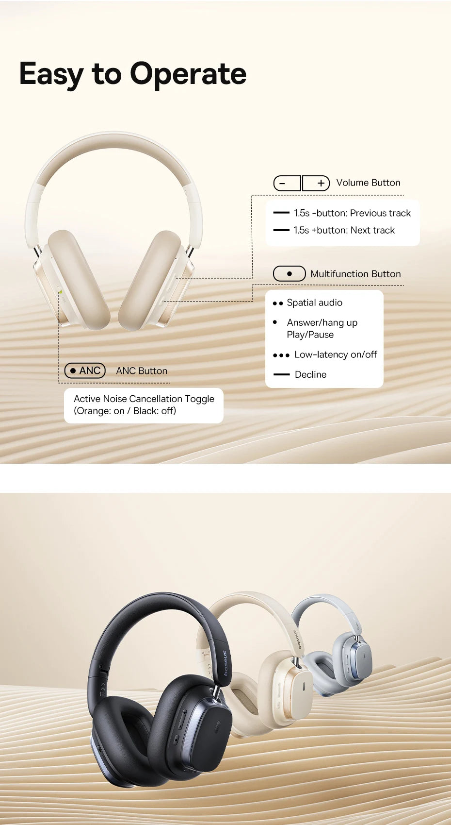 Baseus Bowie H1s Wireless Headphones - Bluetooth 5.4 with 46dB Hybrid ANC, 120H Playtime, Hi-Res Spatial Audio, 0.06s Low Latency, Foldable Over-Ear Headset