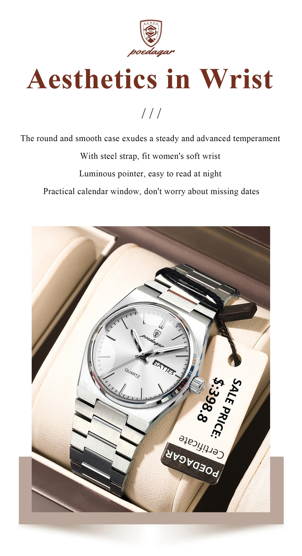 POEDAGAR Women's Watch with Date & Week Display - Waterproof Stainless Steel Luminous Dress Watch, Elegant Business Quartz Watch