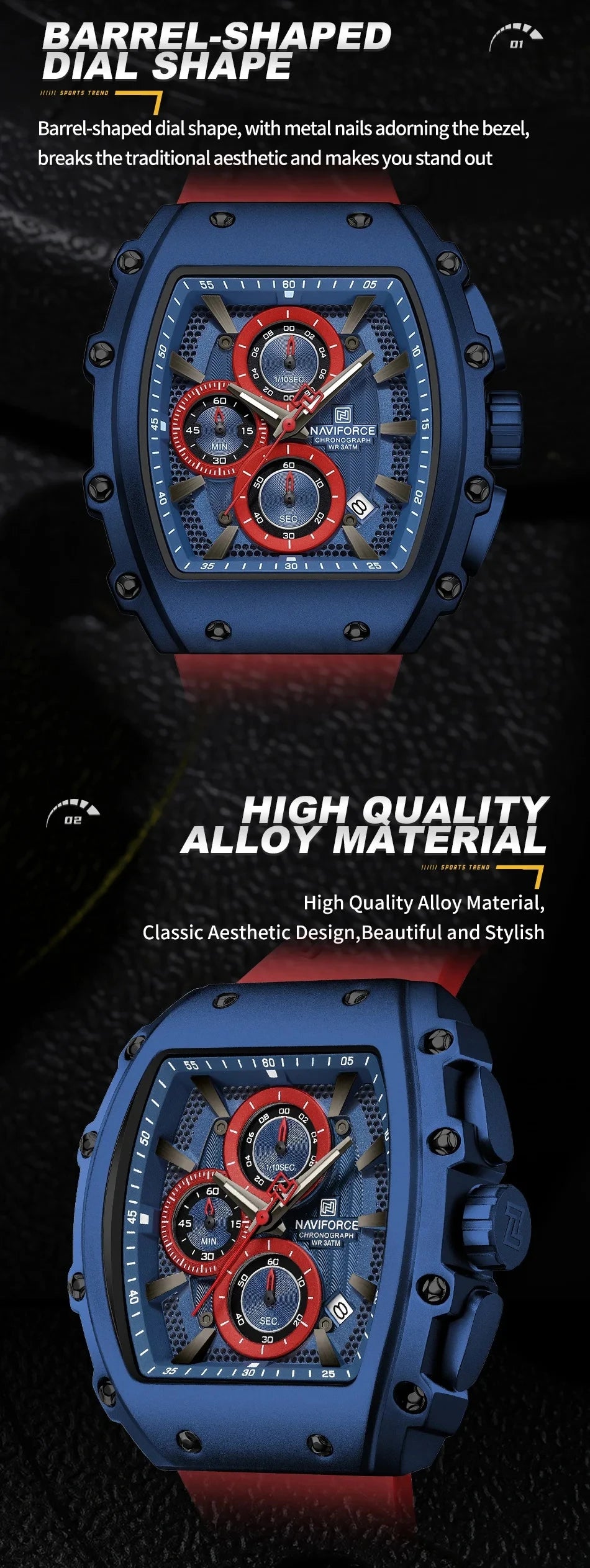 NAVIFORCE 8070 Men's Chronograph Watch - Waterproof Sport Watch with Luminous Hands, Silicone Strap, Calendar, Luxury Fashion Wristwatch