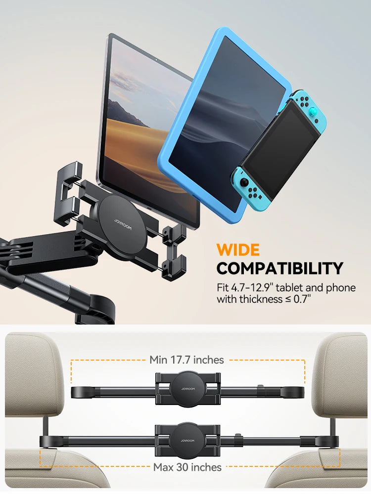 Joyroom Car Tablet Holder with Extension Arm - Adjustable Headrest Mount for Back Seat, Fits iPad Pro 13", Galaxy Tab, 4.7-13" Devices